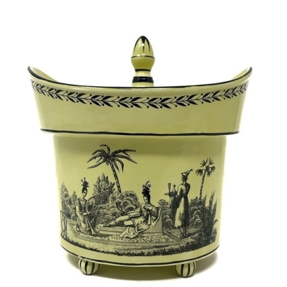 Vintage Mottahedeh Creil Yellow/Black Porcelain 7” Scoop Lidded Footed Urn Italy - Picture 1 of 15